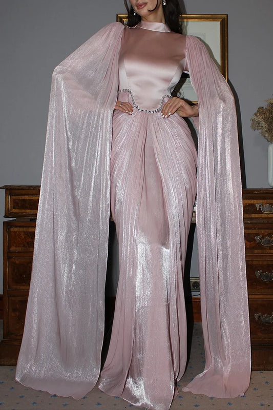 Rhinestone Cape Sleeve Ruched High Neck Party Maxi Dresses