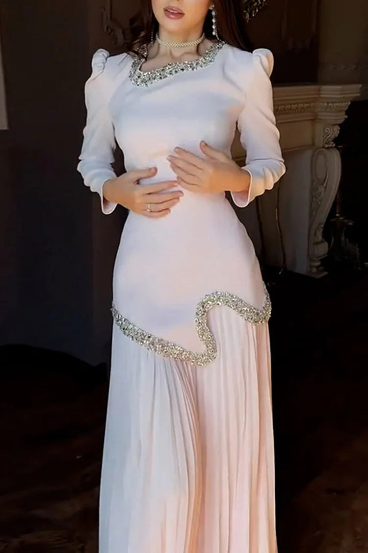 Rhinestone Beads Decor Lace Up Patchwork Pleated Chiffon Party Maxi Dresses