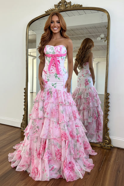 Mermaid Strapless White Blue Floral Tiered Chiffon Prom Dress