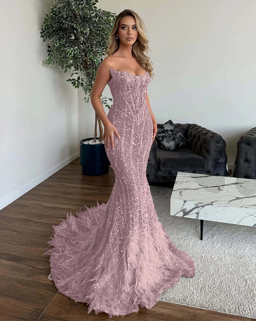 Shining Sequins Mermaid Prom Dress with Feathers