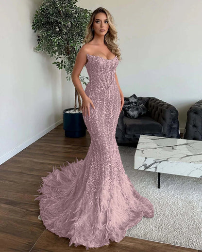 Shining Sequins Mermaid Prom Dress with Feathers