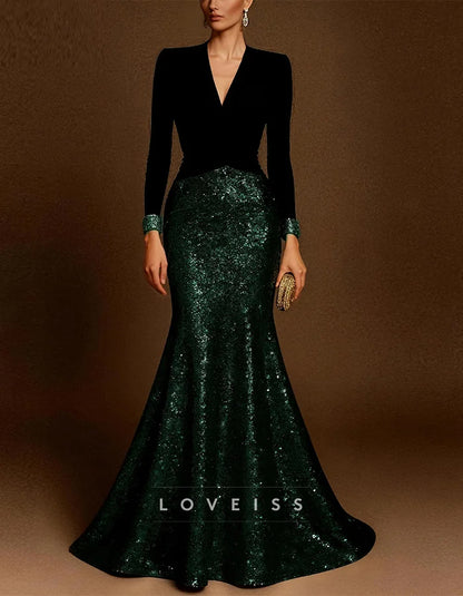 Black Mermaid V-neck Sequins Maxi Dress