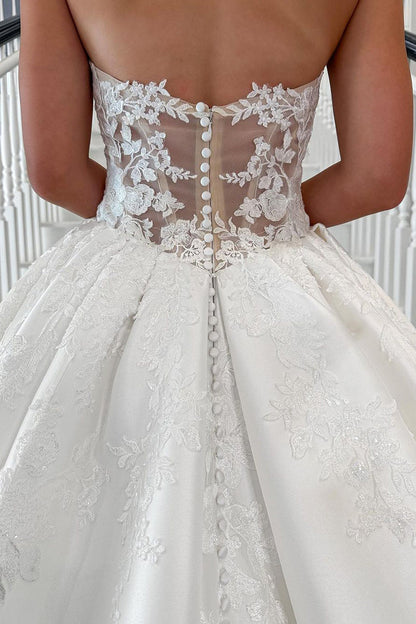 A Line V Neck Satin Long Wedding Dresses with Appliques