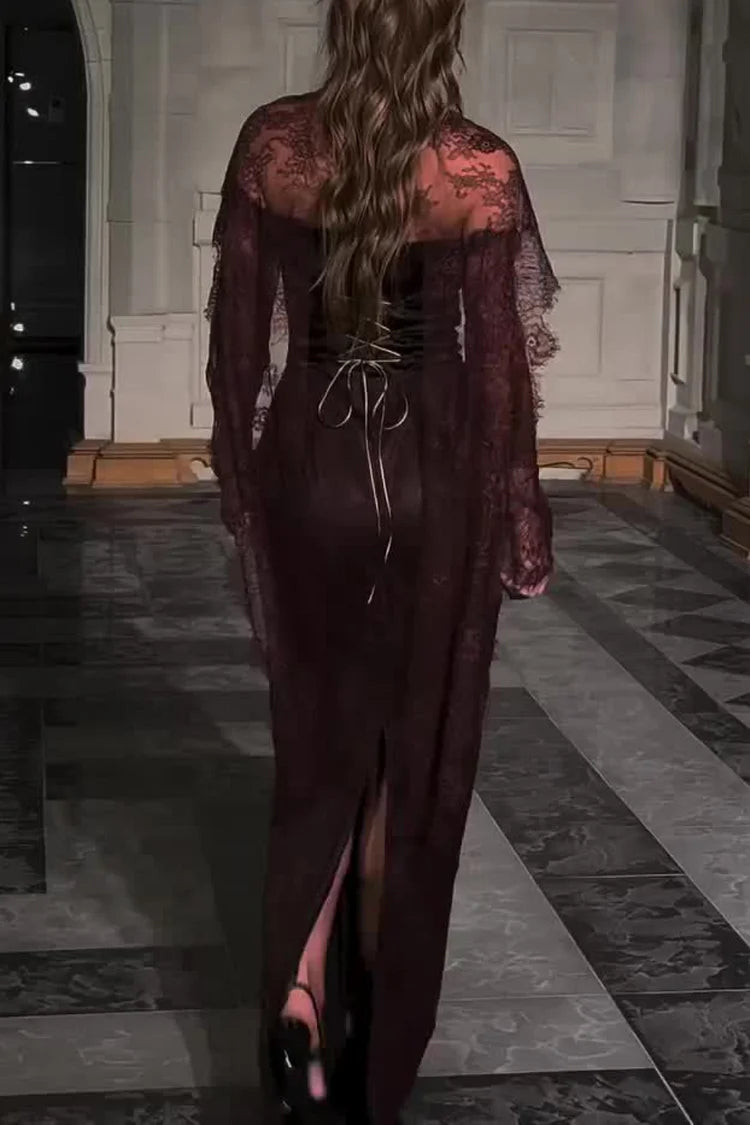 Lace Trim See Through High Neck Tied Slit Hem Maxi Dresses