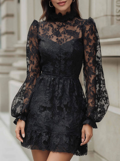 Puffed Sleeves Lace Dress With Ruffled Hem