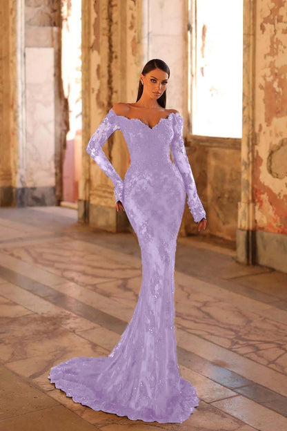 Lussooy Stunning Off the Shoulder Strapless Purple Satin Beadings Prom Dress with Split