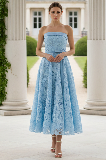 Wedding Guest Dress Blue Embroidered Lace Strapless Midi Dress