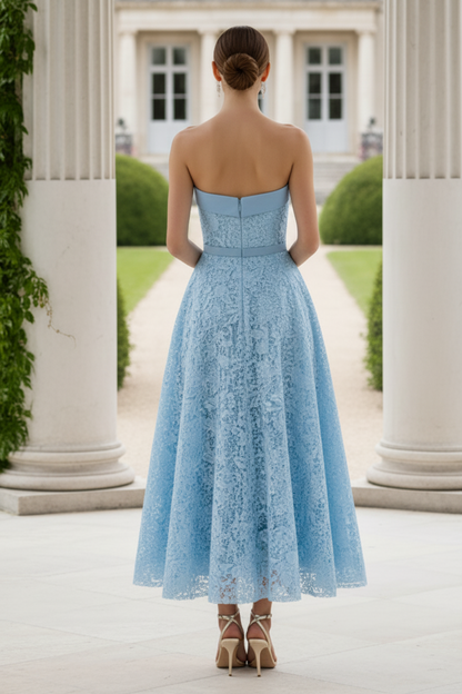 Wedding Guest Dress Blue Embroidered Lace Strapless Midi Dress