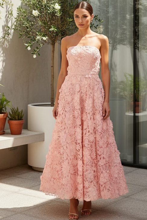 Wedding Guest Dress Strapless Floral Embroidered Lace A-Line Dress