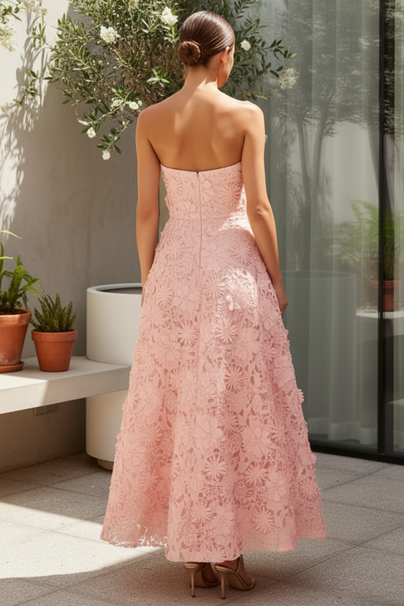 Wedding Guest Dress Strapless Floral Embroidered Lace A-Line Dress