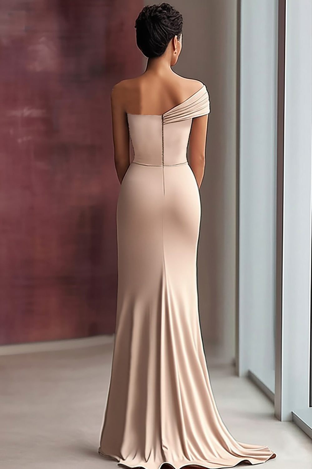 Light Khaki Jersey Sheath One Shoulder Pleated Gala Dress