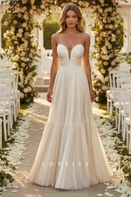 Champagne A Line Strapless Pleated Long Wedding Guest Dress