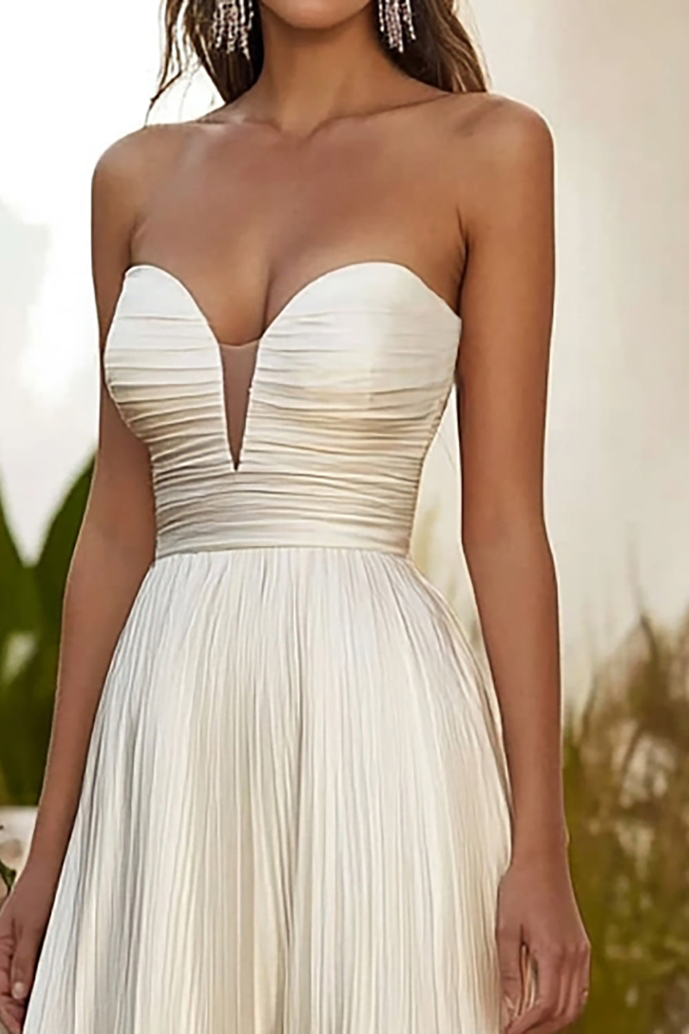 Champagne A Line Strapless Pleated Long Wedding Guest Dress