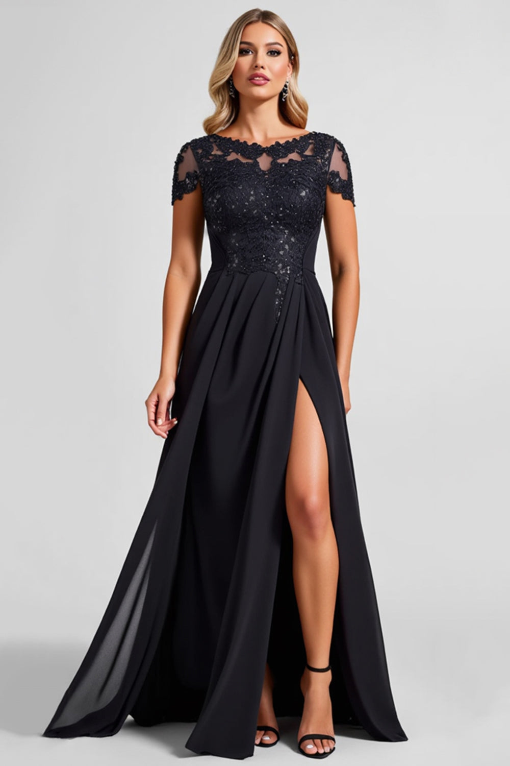 Black A Line Illusion Boat Neck Long Mother of the Bride Dress with Slit
