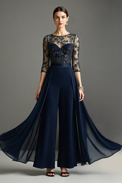 Navy Chiffon Mother of the Bride Pantsuits with Lace