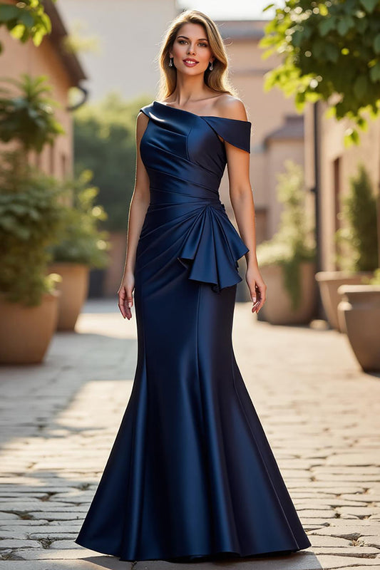 Navy Satin Mermaid One Shoulder Maxi Ruched Mother of the Bride Dress