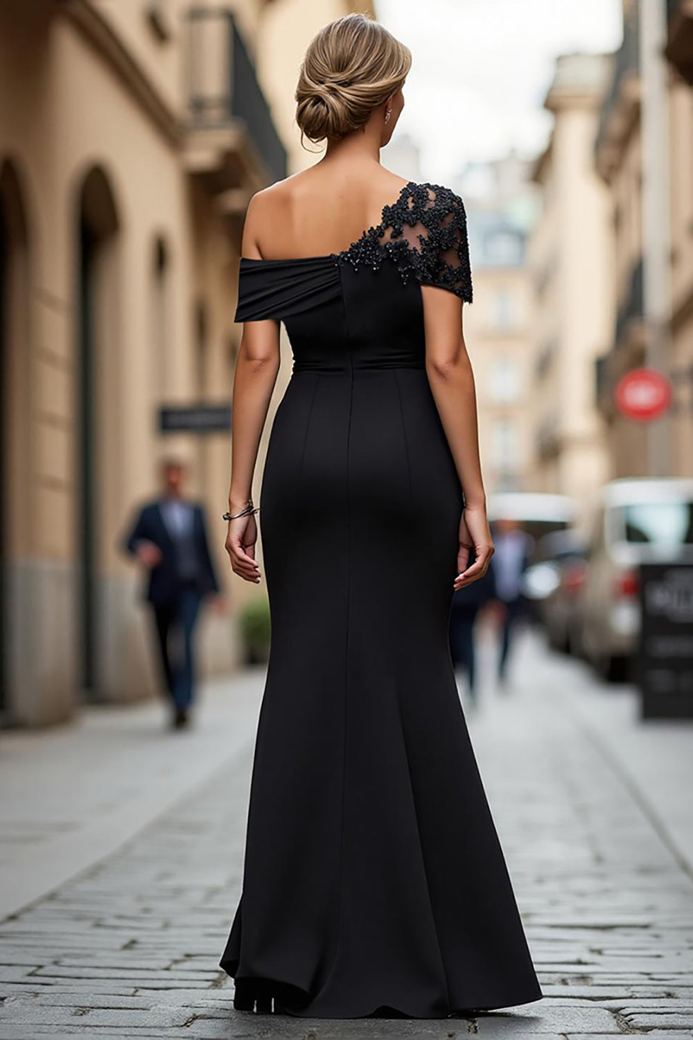 Black One Shoulder Sheath Long Mother of the Bride Dress with Appliques