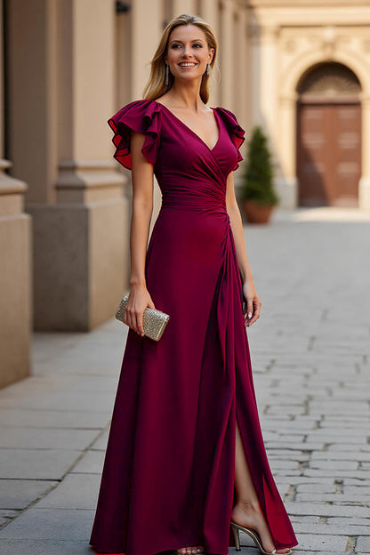 Burgundy V-Neck A Line Maxi Ruched Mother of the Bride Dress with Slit