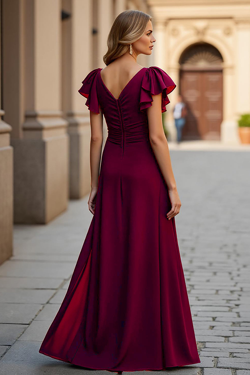 Burgundy V-Neck A Line Maxi Ruched Mother of the Bride Dress with Slit