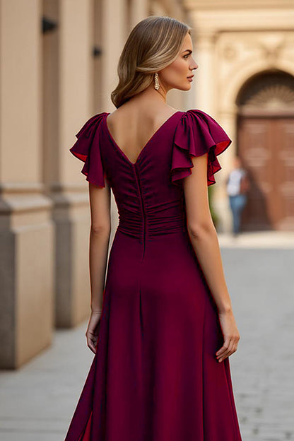 Burgundy V-Neck A Line Maxi Ruched Mother of the Bride Dress with Slit