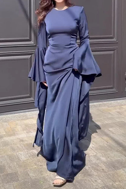 Irregular Flare Sleeve Round Neck Solid Color Maxi Dresses