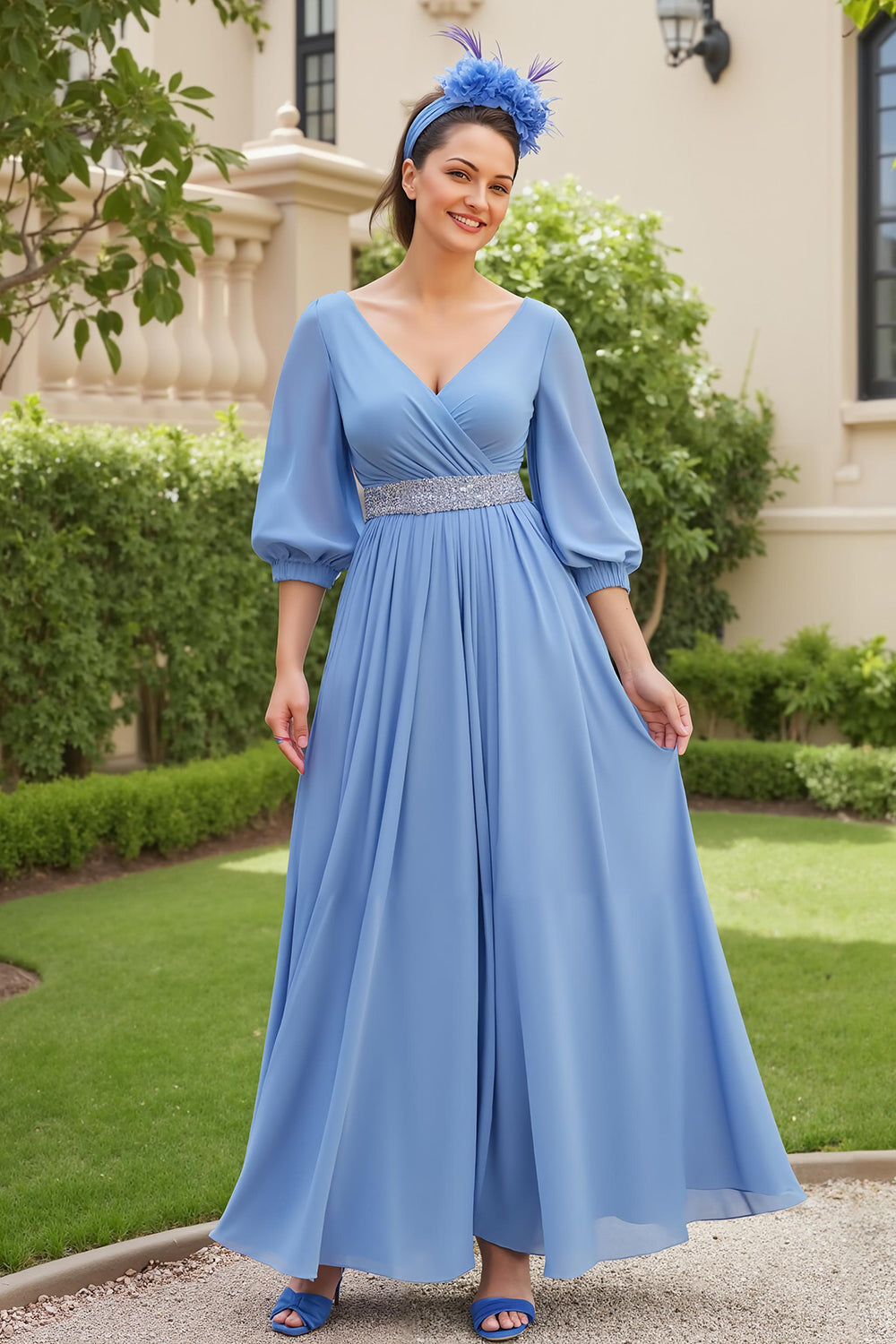 Dusty Blue Chiffon A Line V-Neck Long Wedding Guest Dress with Beading