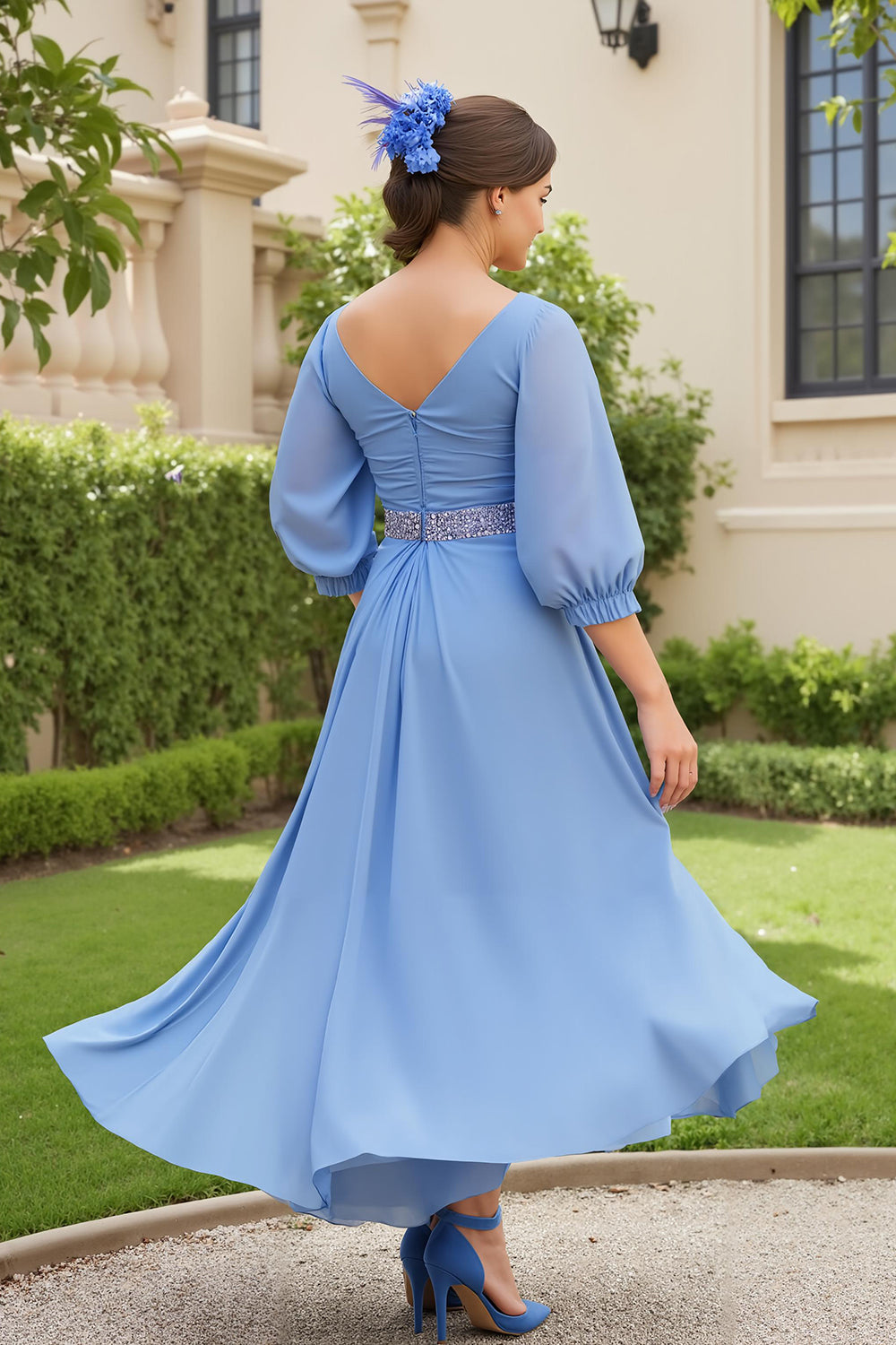 Dusty Blue Chiffon A Line V-Neck Long Wedding Guest Dress with Beading