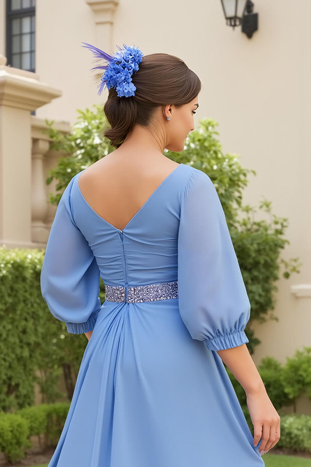 Dusty Blue Chiffon A Line V-Neck Long Wedding Guest Dress with Beading