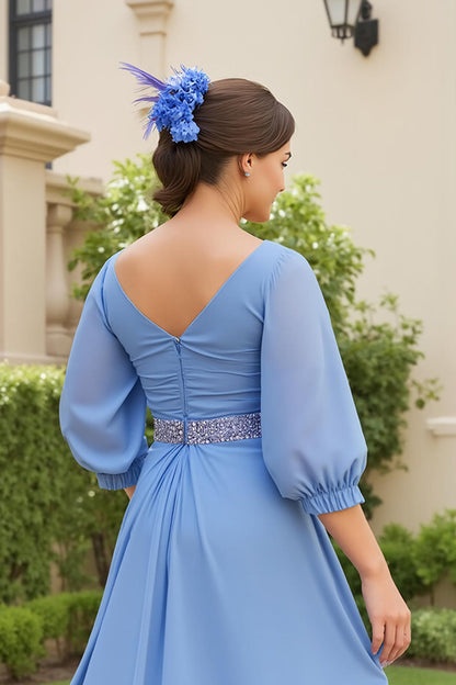 Dusty Blue Chiffon A Line V-Neck Long Wedding Guest Dress with Beading