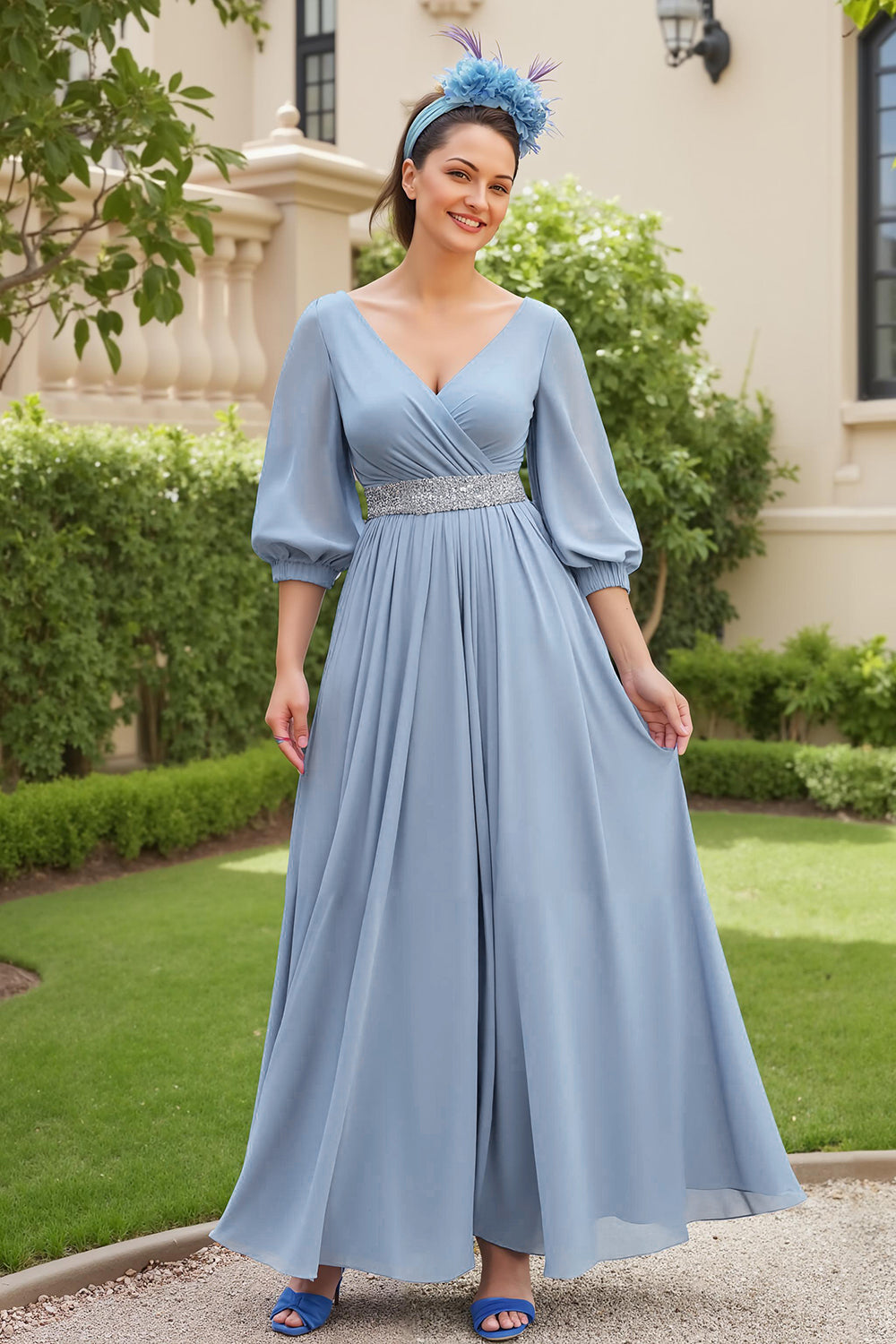 Dusty Blue Chiffon A Line V-Neck Long Wedding Guest Dress with Beading