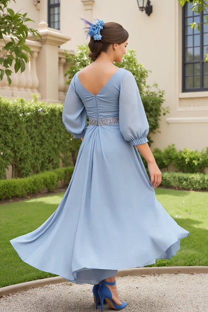 Dusty Blue Chiffon A Line V-Neck Long Wedding Guest Dress with Beading