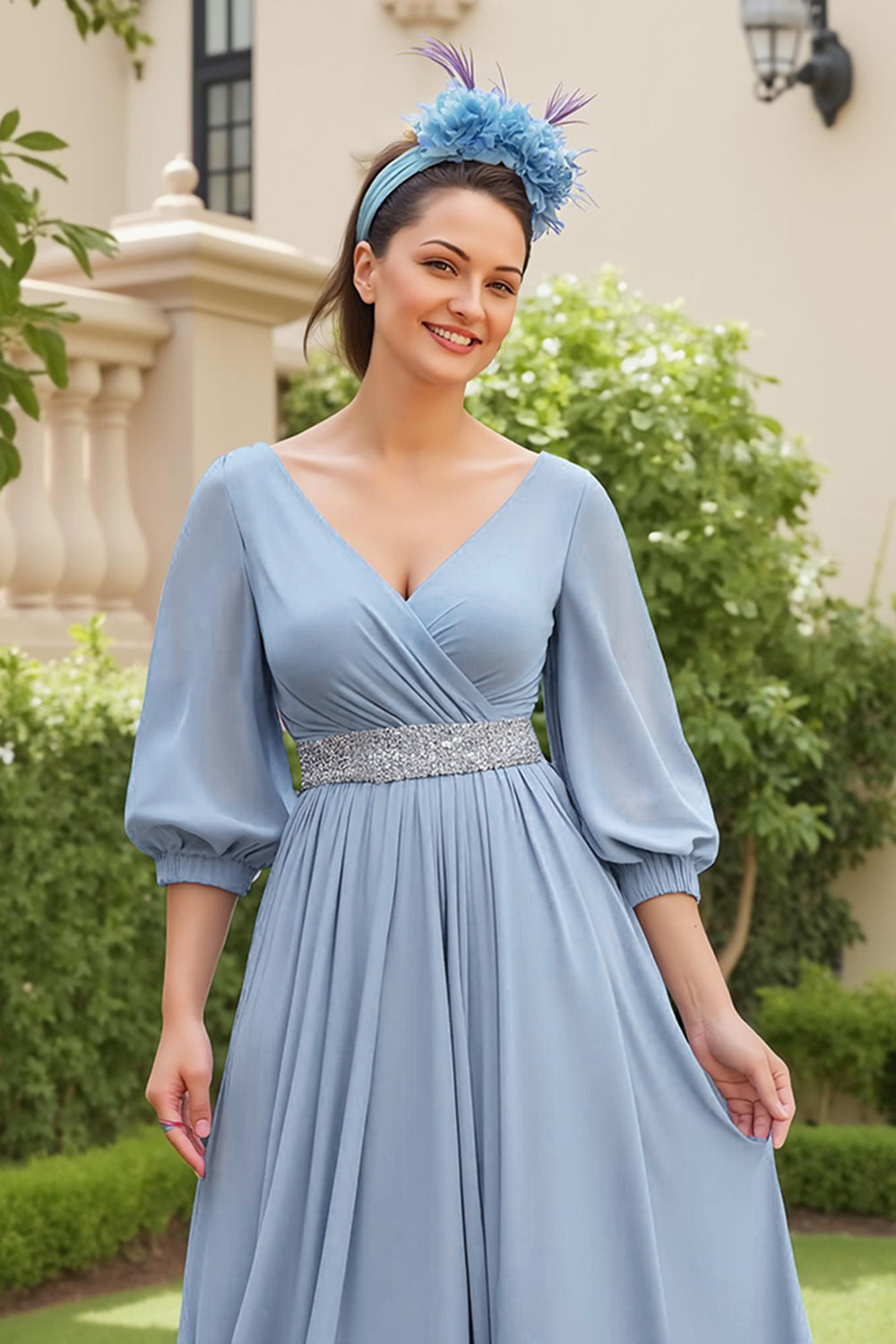 Dusty Blue Chiffon A Line V-Neck Long Wedding Guest Dress with Beading