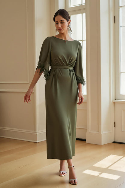 Olive Sheath Boat Neck Long Wedding Guest Dress with Feathers