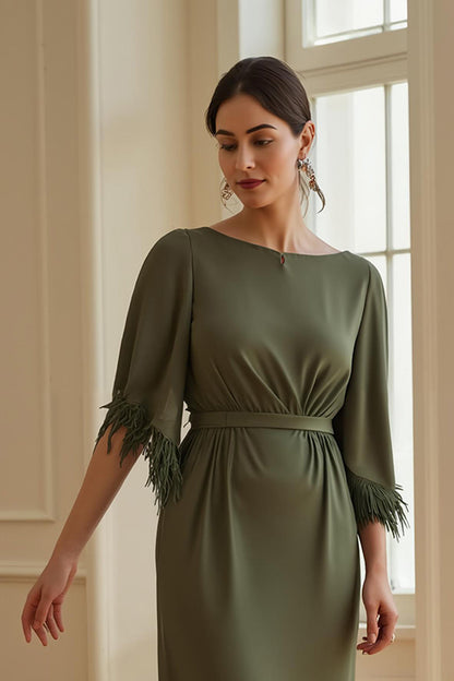 Olive Sheath Boat Neck Long Wedding Guest Dress with Feathers