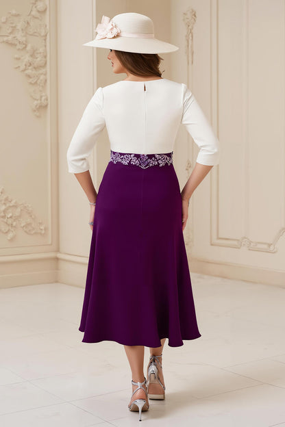 Navy A Line Boat Neck Midi Wedding Guest Dress with Appliques