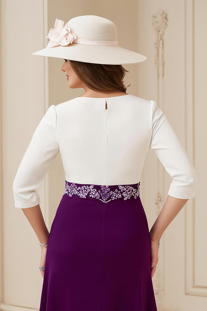 Navy A Line Boat Neck Midi Wedding Guest Dress with Appliques