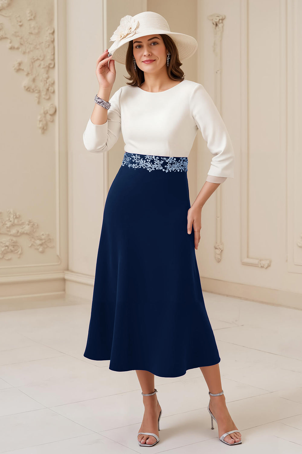 Navy A Line Boat Neck Midi Wedding Guest Dress with Appliques