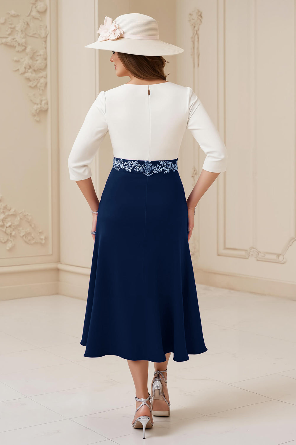 Navy A Line Boat Neck Midi Wedding Guest Dress with Appliques