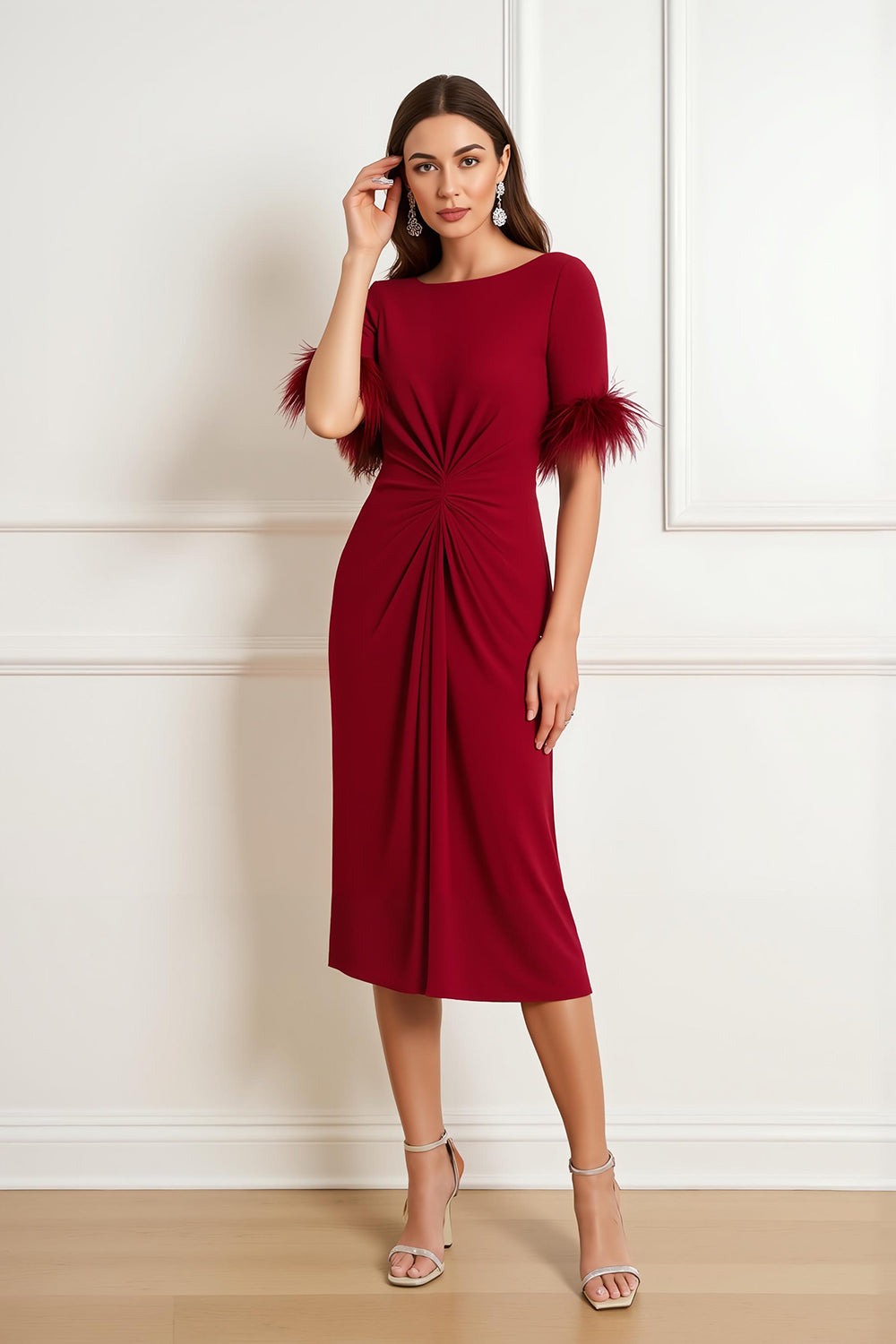 Dark Red Satin Sheath Boat Neck Midi Wedding Guest Dress with Feathers