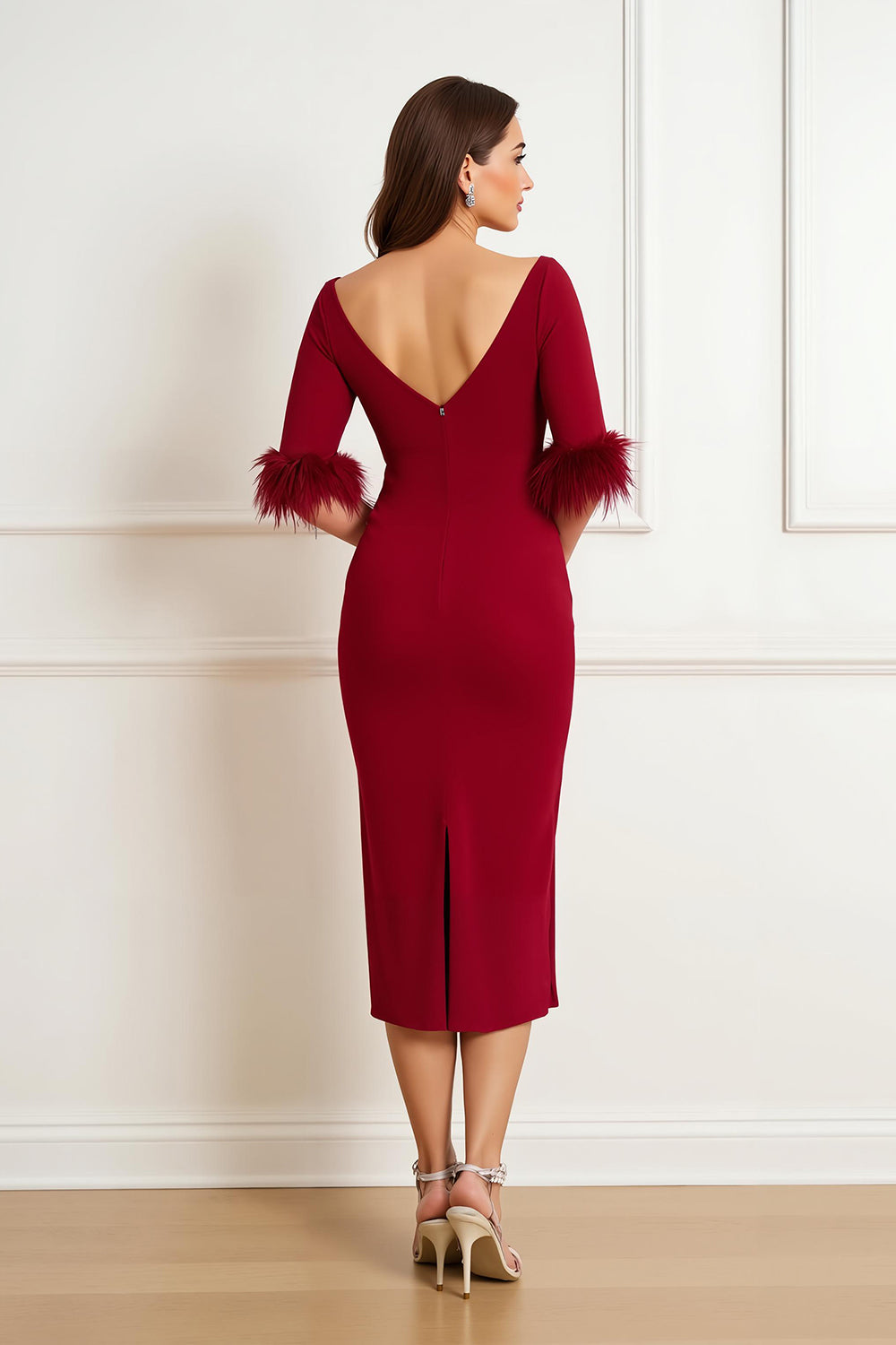 Dark Red Satin Sheath Boat Neck Midi Wedding Guest Dress with Feathers