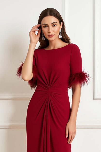 Dark Red Satin Sheath Boat Neck Midi Wedding Guest Dress with Feathers