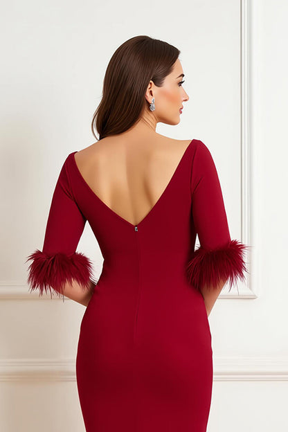 Dark Red Satin Sheath Boat Neck Midi Wedding Guest Dress with Feathers