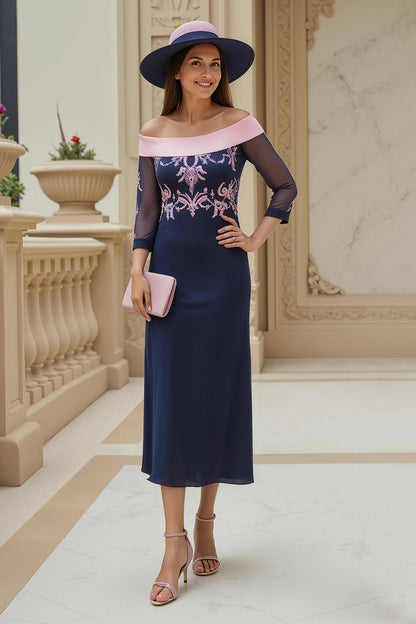 Navy Sheath Chiffon Appliqued Long Wedding Guest Dress with Sleeves