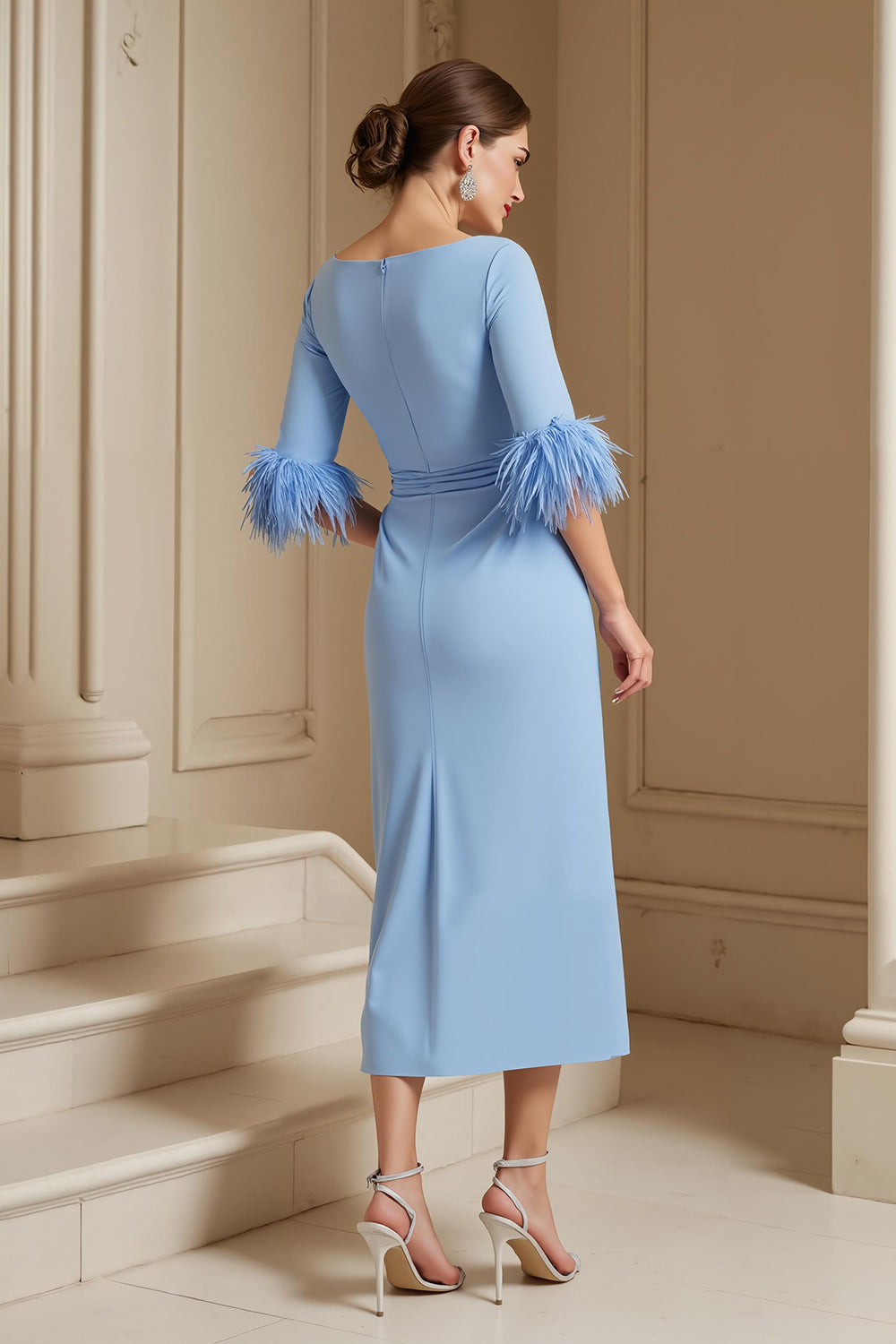 Light Blue Satin Sheath Boat Neck Midi Wedding Guest Dress with Sash