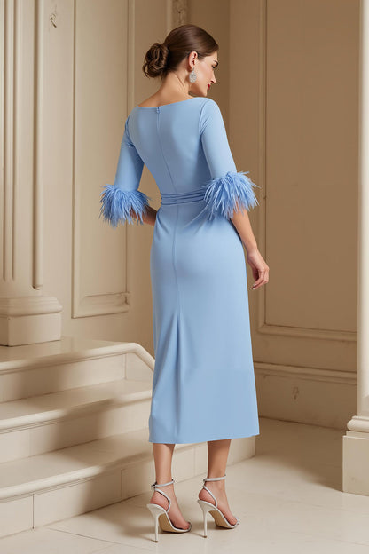 Light Blue Satin Sheath Boat Neck Midi Wedding Guest Dress with Sash