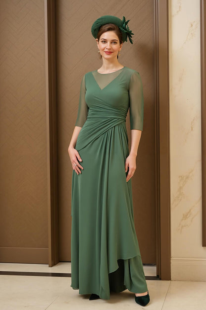 Dark Green Chiffon Ruched Long Mother of the Bride Dress with Sleeves
