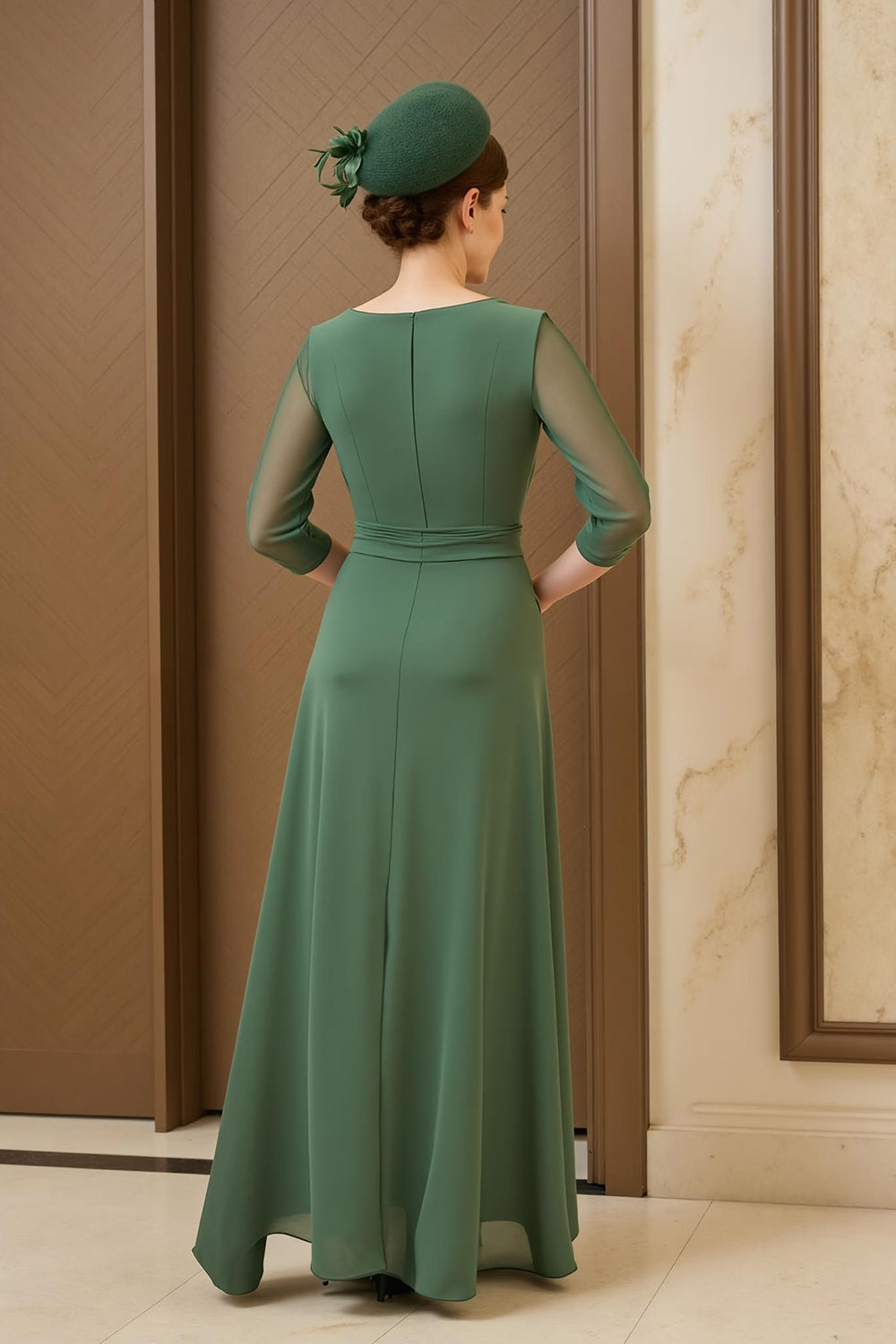 Dark Green Chiffon Ruched Long Mother of the Bride Dress with Sleeves