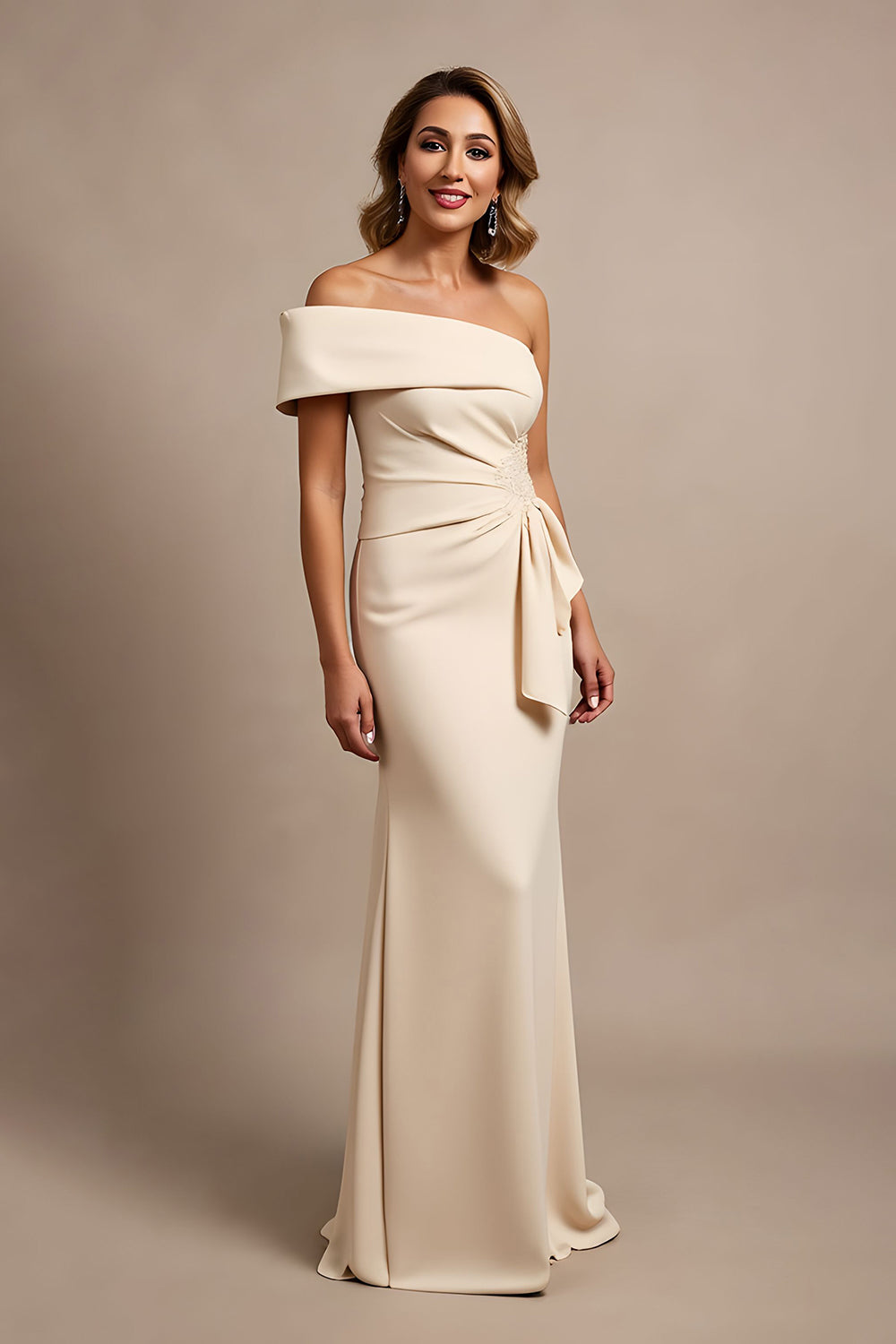 Apricot Satin Mermaid Ruched Long Mother of the Bride Dress with Ruffles