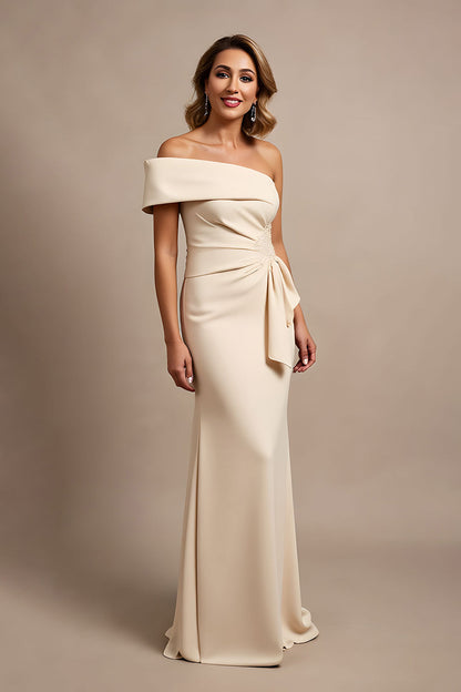 Apricot Satin Mermaid Ruched Long Mother of the Bride Dress with Ruffles