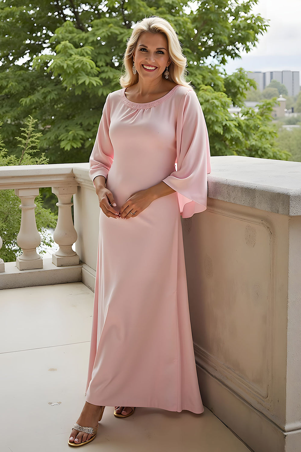 Candy Pink Sheath Chiffon Round Neck Long Mother of the Bride Dress with Sleeves